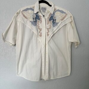 Vintage 90s At Last Studio Embroidered‎ Western Shirt Beaded Floral Yoke Top Med